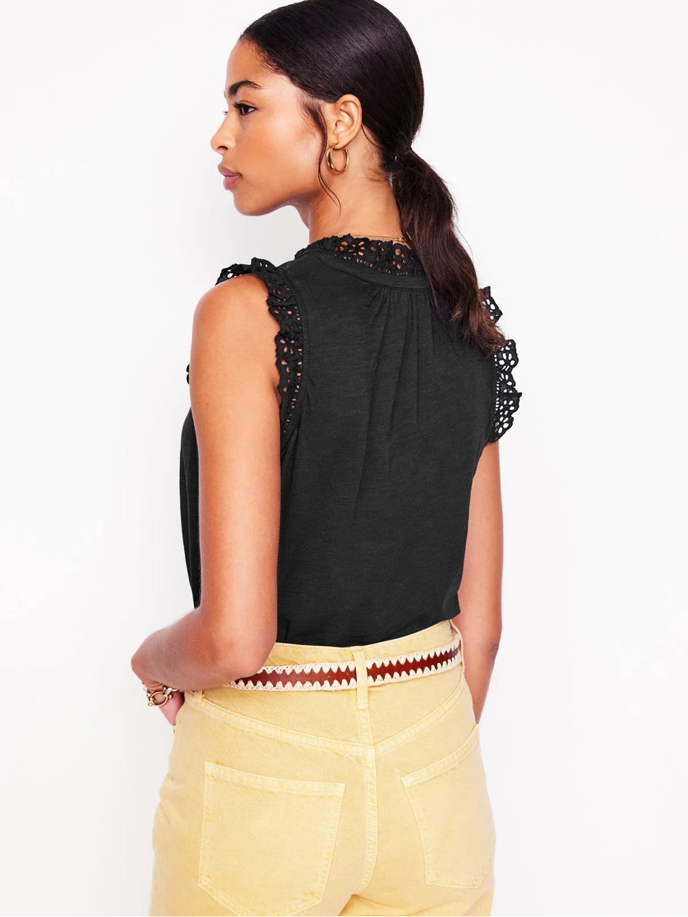 Boden Black Aria Broderie Trim Vest Tank - Picture 4 of 7